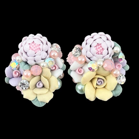 Vintage Jewelry - Vintage 1980s Statement Earrings Pastel Porcelain Rose Crystal Cluster - 3U